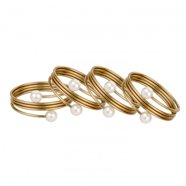 Set of 4 Champagne Gold Wire Napkin Rings With Metal Pearls