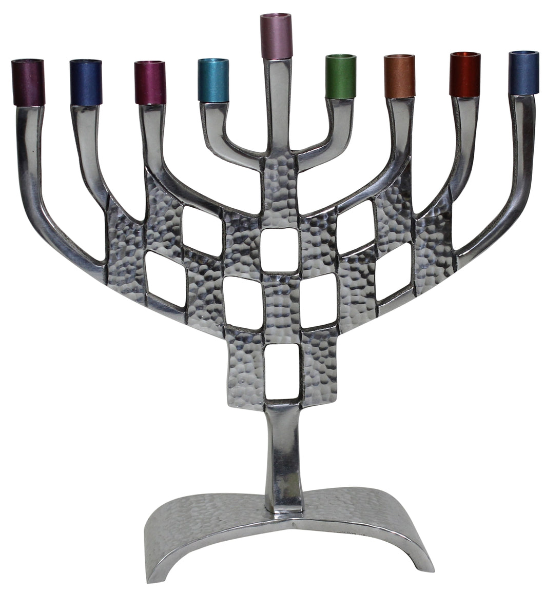 Silver Hammered Menorah with Multi-Color Metallic Tips - 9