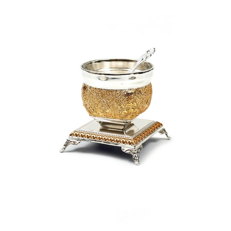 Salt or Honey Dish with Spoon Filigree Gold Decoration
