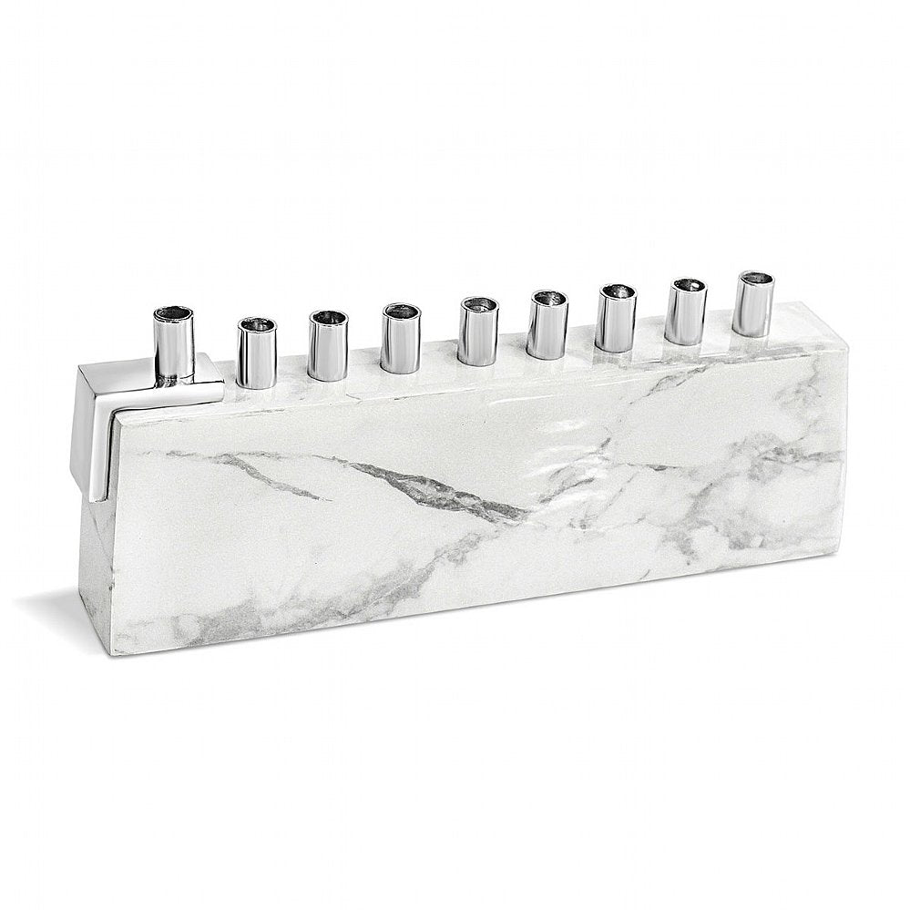 Aluminum Menorah with Marble Decal - White/Silver