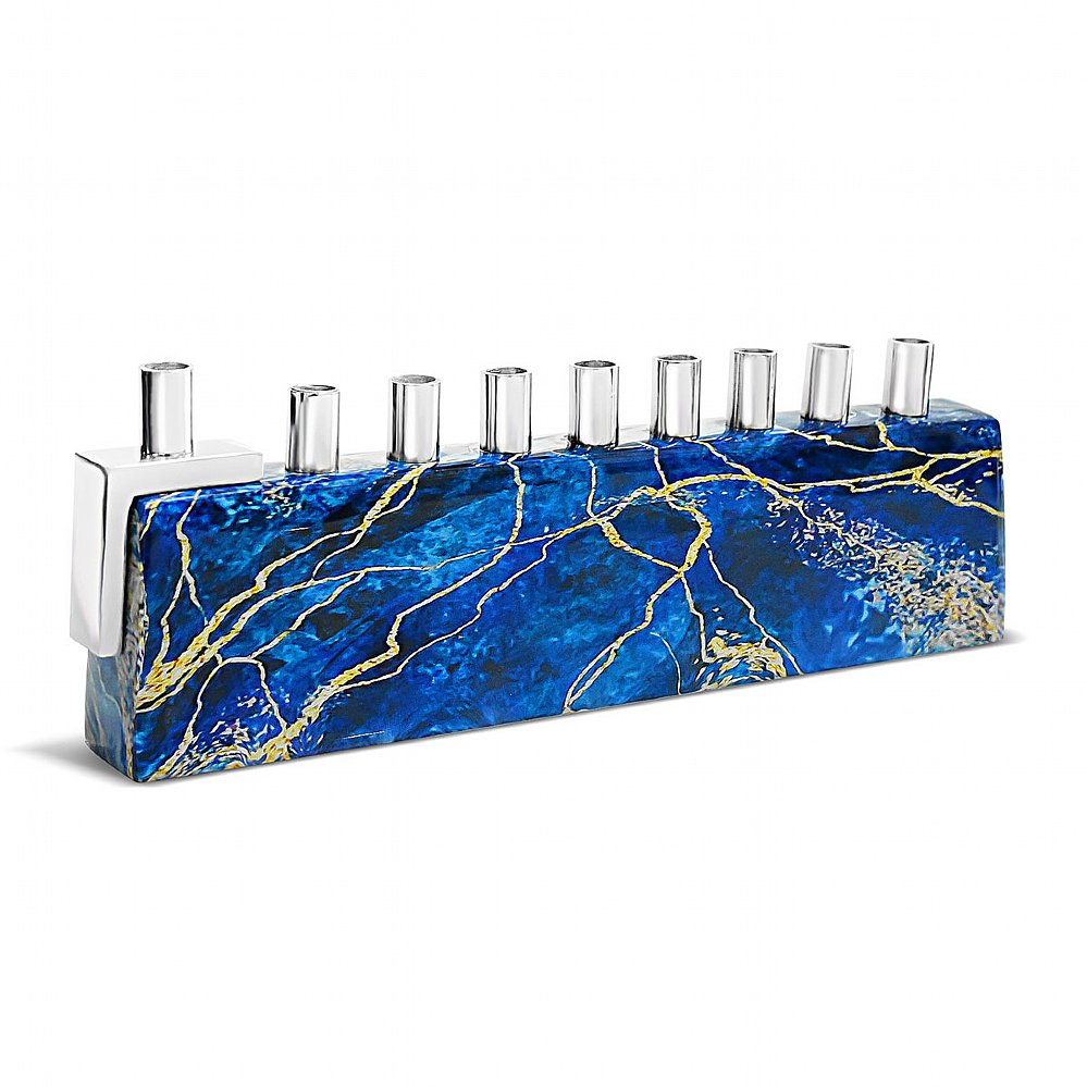 Aluminum Menorah with Marble Decal - Blue/Gold